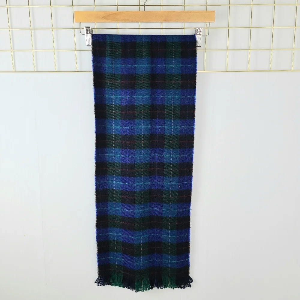 Christian Dior Blue Green Tartan Plaid Fringe Vintage Unisex Scarf